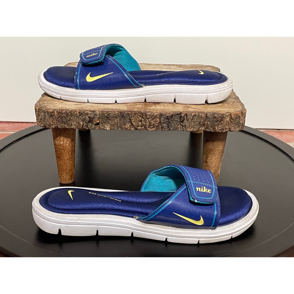Nike Women’s Blue Teal Slide Sandals with Yellow Accents